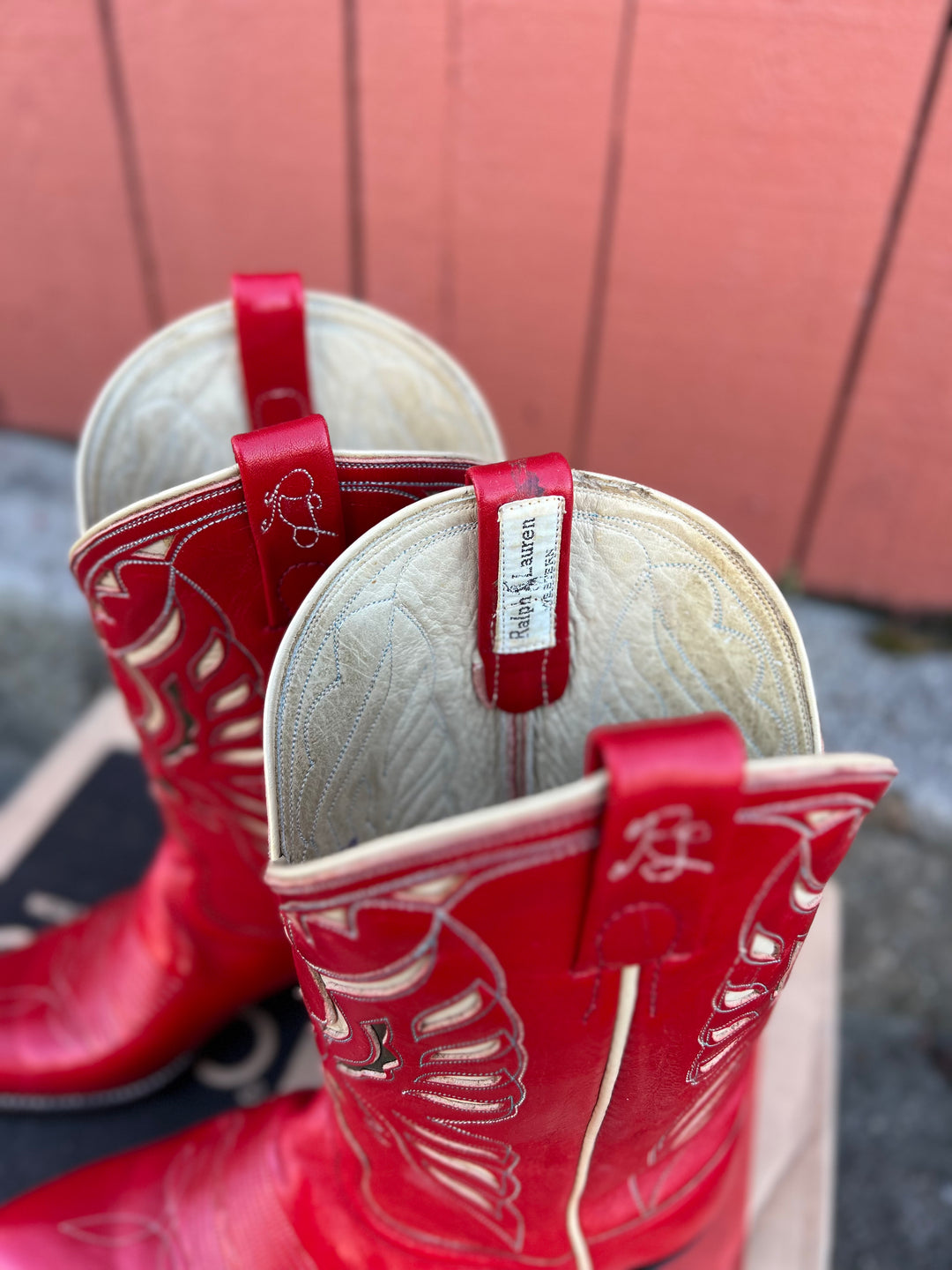 Vintage Red Western Cowboy Boots Thunderbird Inlay, Ralph Lauren