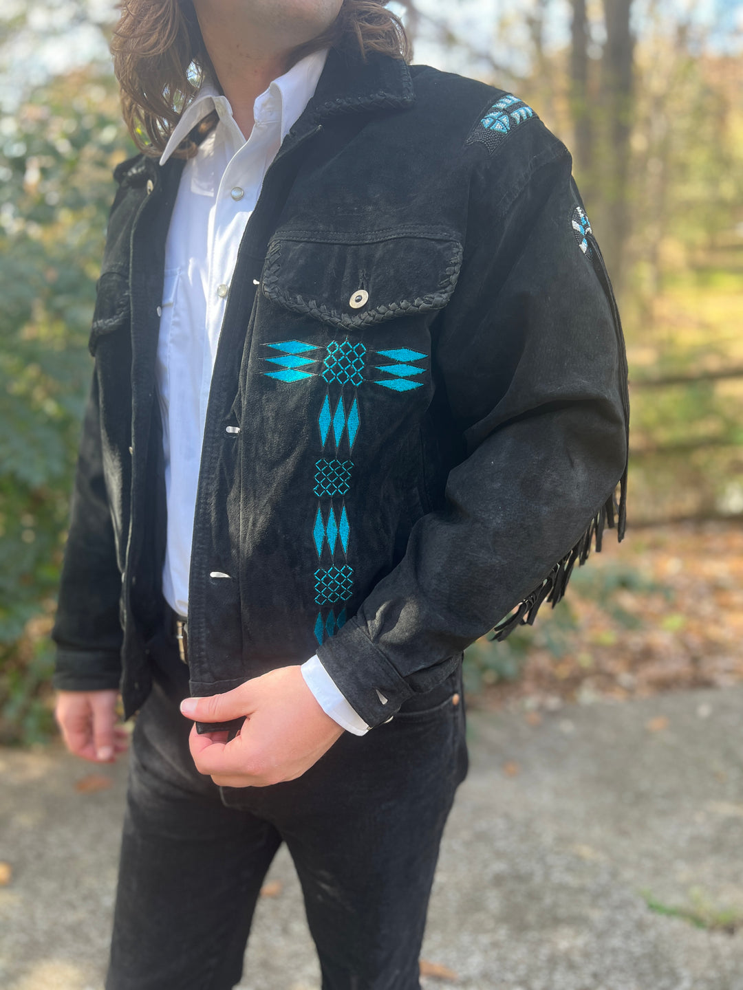 Mens Black Suede Southwestern Jacket, Beading, Fringe by Adler