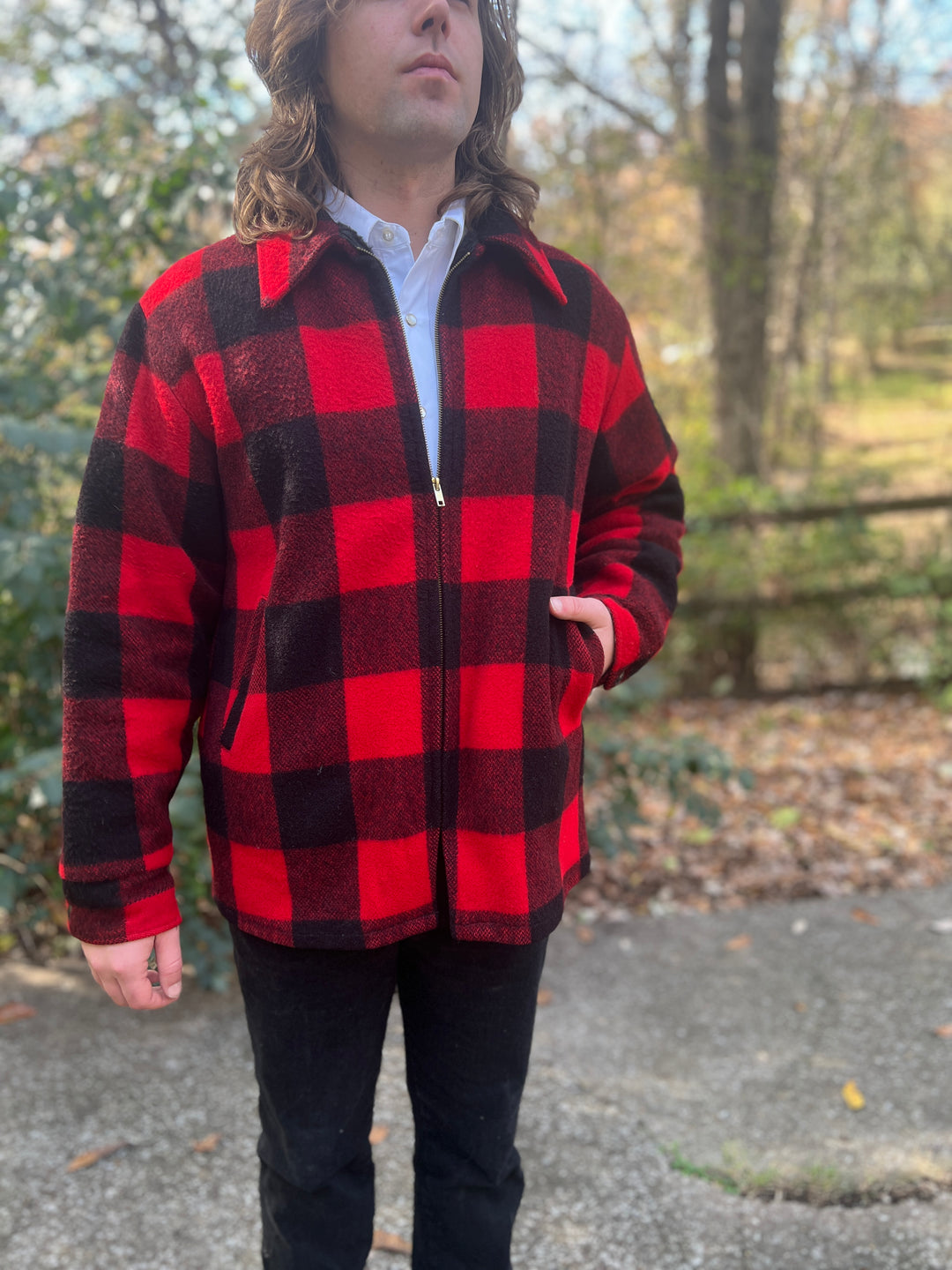 Mens 70s Black Red Wool Plaid Vintage Hunting Jacket, Woolrich