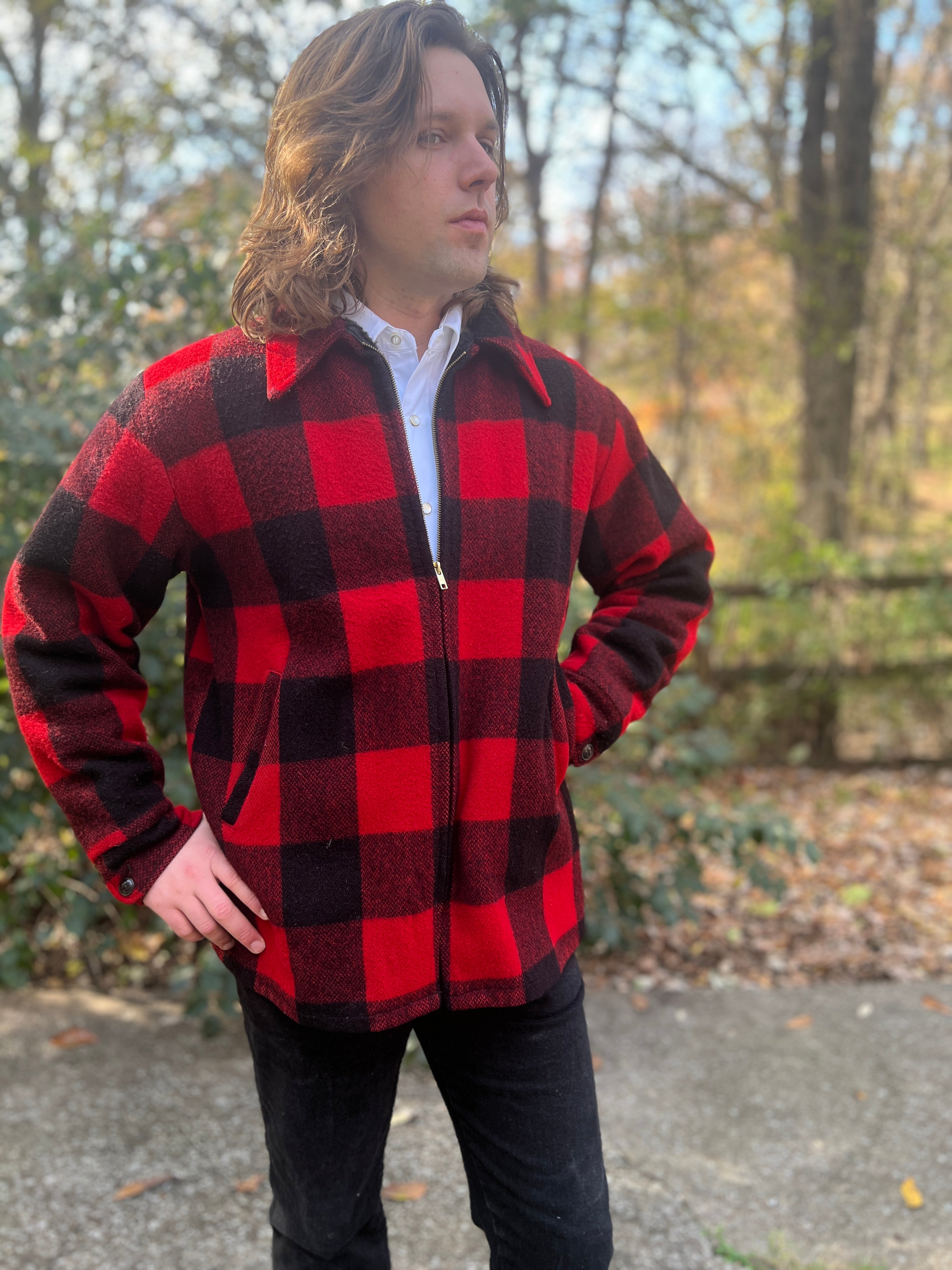 Mens 70s Black Red Wool Plaid Vintage Hunting Jacket