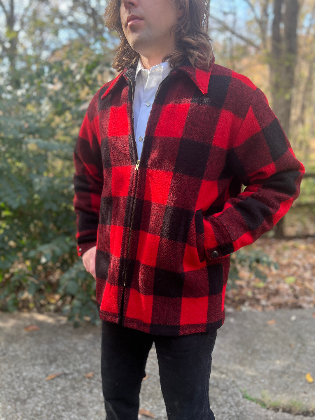 Mens 70s Black Red Wool Plaid Vintage Hunting Jacket, Woolrich