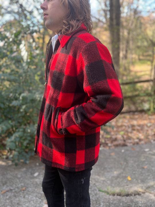 Mens 70s Black Red Wool Plaid Vintage Hunting Jacket, Woolrich