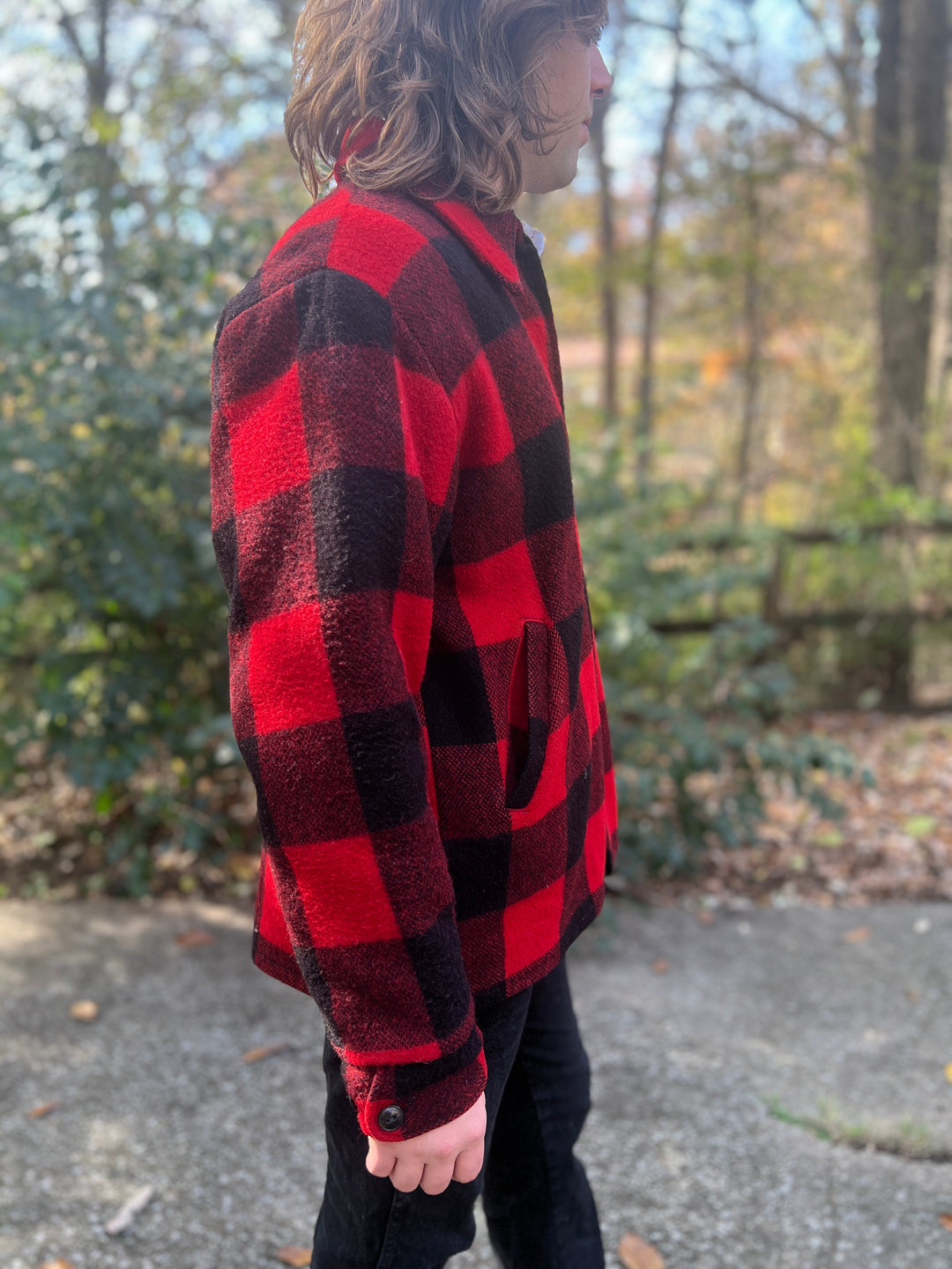 Mens 70s Black Red Wool Plaid Vintage Hunting Jacket, Woolrich