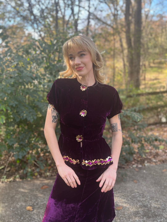 Vintage 1930s Purple Velvet Top and Skirt Set