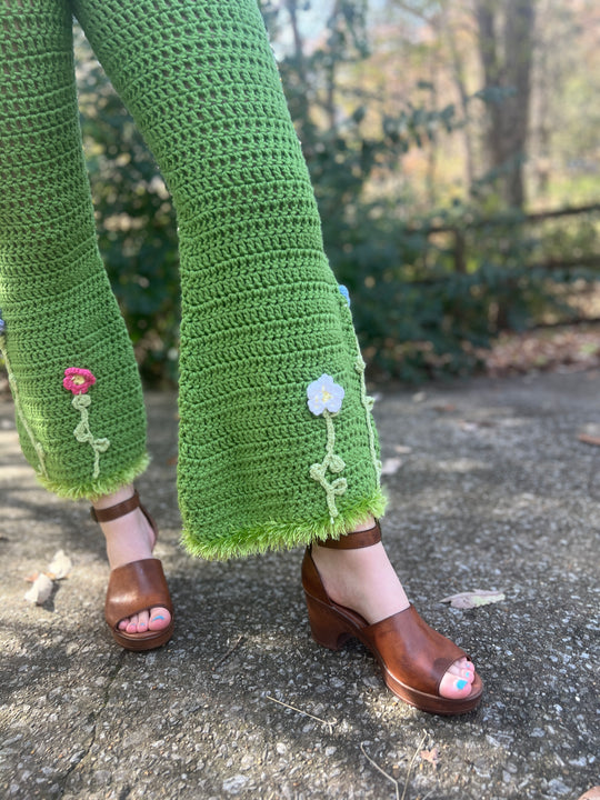 70s Vintage Green Crocheted Bell Bottom Hippy Pants