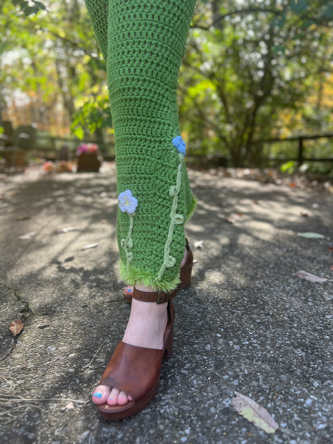 70s Vintage Green Crocheted Bell Bottom Hippy Pants