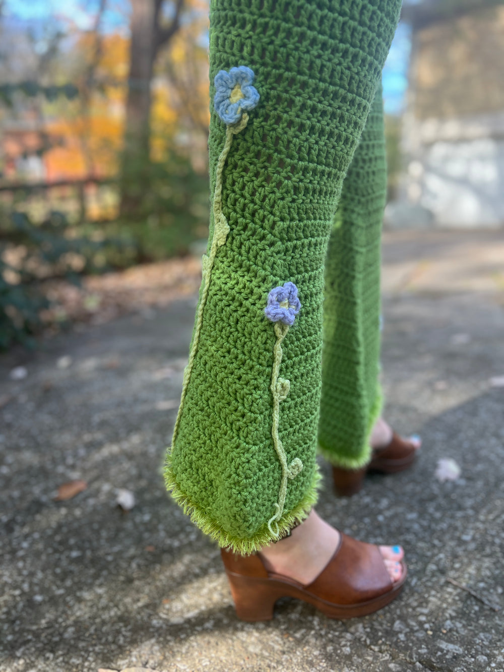 70s Vintage Green Crocheted Bell Bottom Hippy Pants