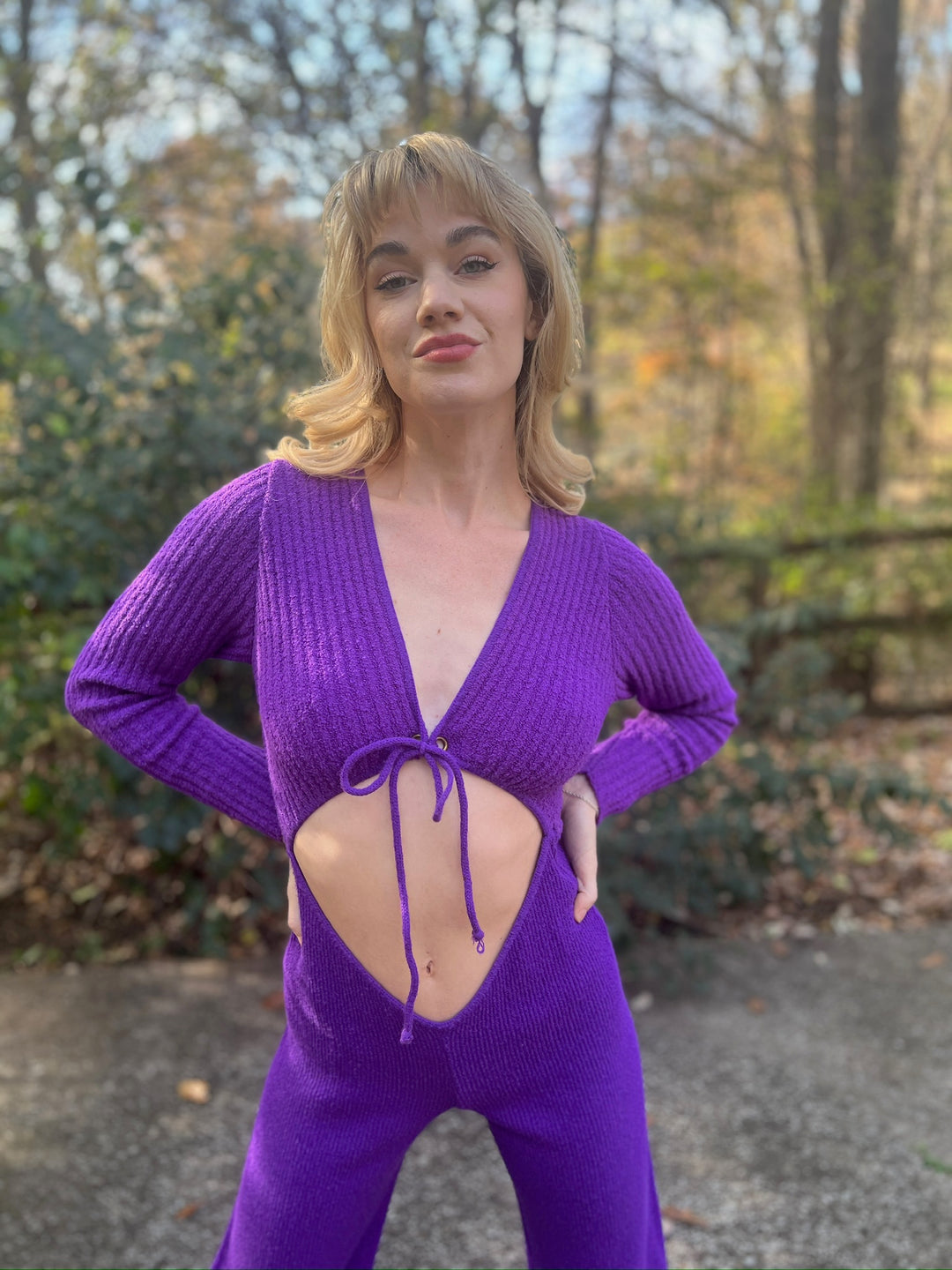 70s Vintage Purple Knit Jumpsuit