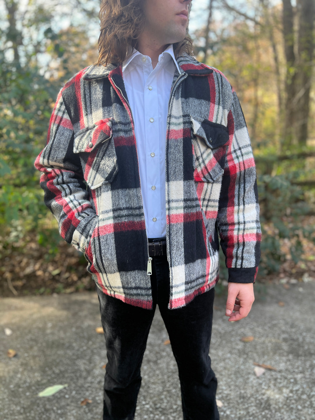 Mens 70s Black Red White Plaid Hunting Jacket