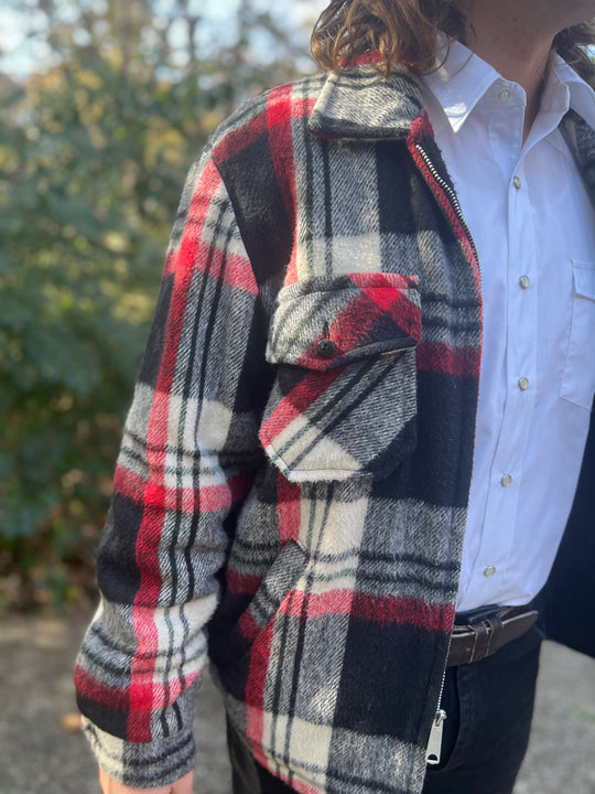 Mens 70s Black Red White Plaid Hunting Jacket