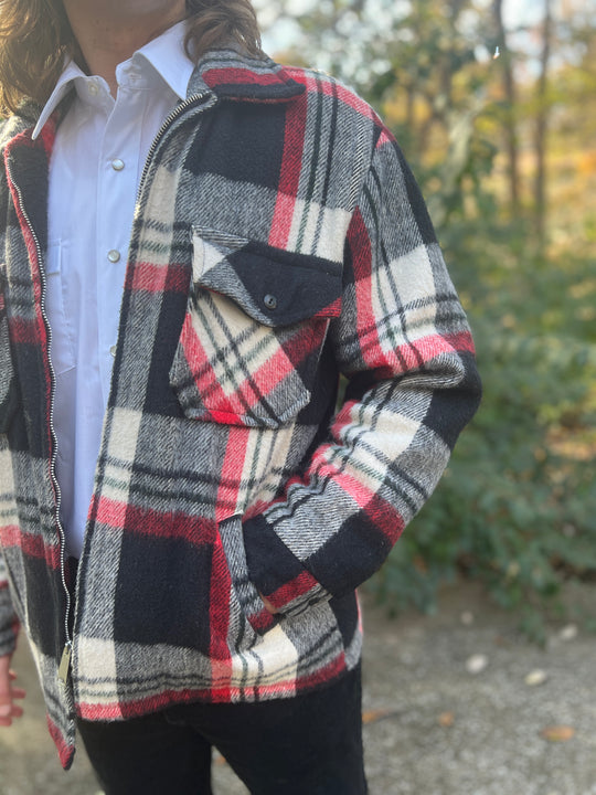 Mens 70s Black Red White Plaid Hunting Jacket