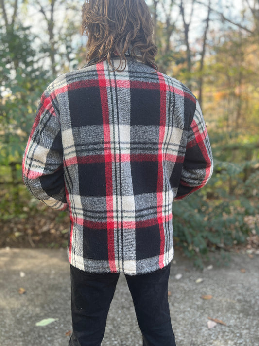 Back view on the model showing the black, red and white plaid across the back and sleeves