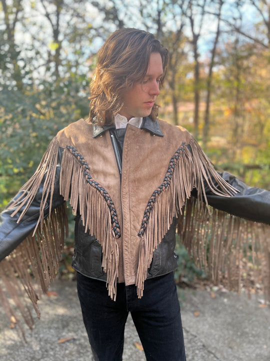 Mens Tan Black Southwestern Motorcycle Jacket, Beading, Fringe by Adler