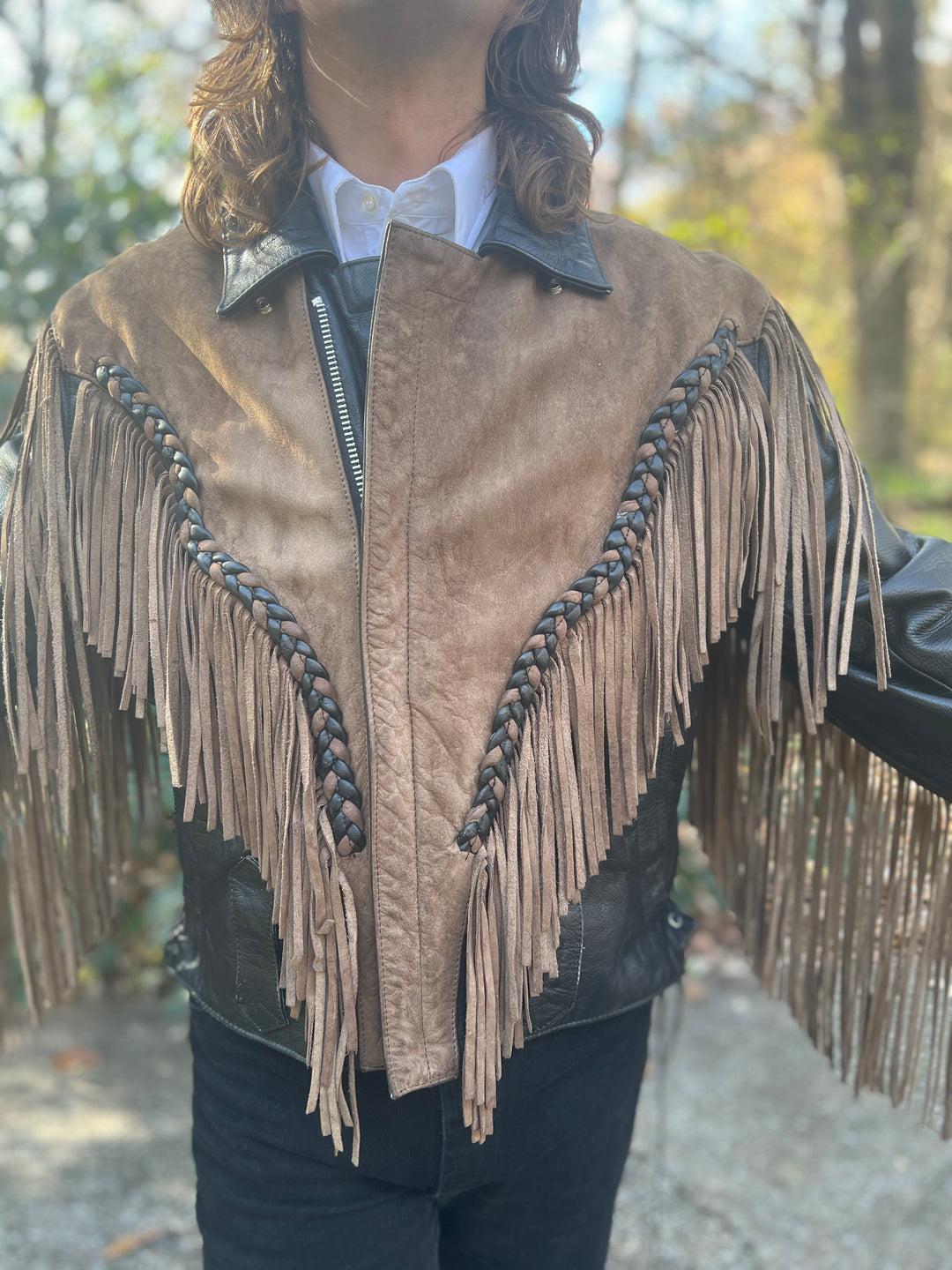 Mens Tan Black Southwestern Motorcycle Jacket, Beading, Fringe by Adler