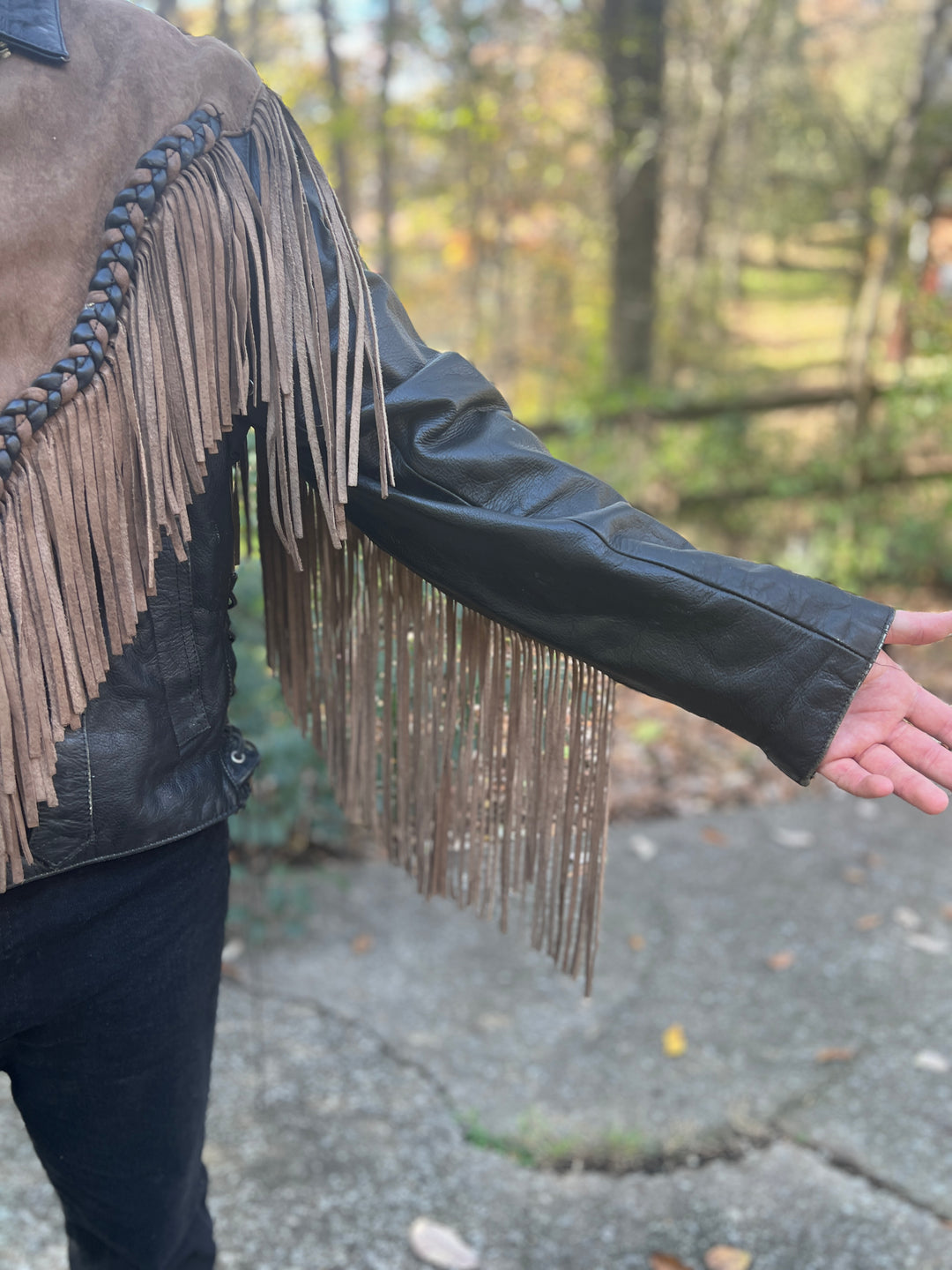 Mens Tan Black Southwestern Motorcycle Jacket, Beading, Fringe by Adler