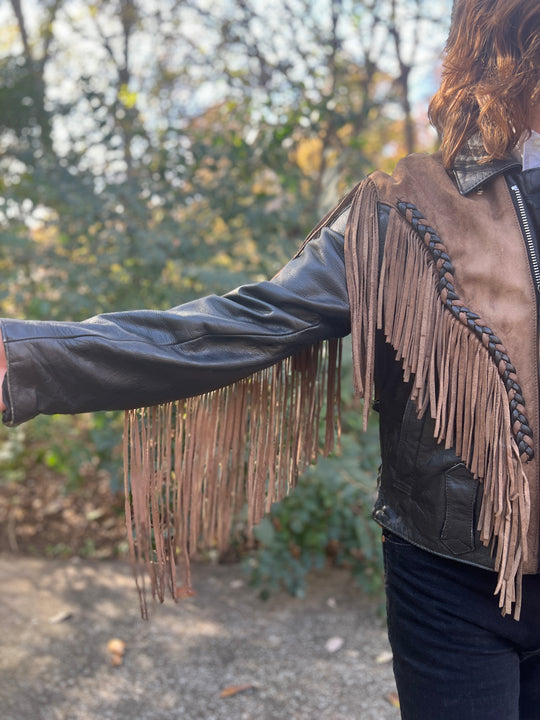 Mens Tan Black Southwestern Motorcycle Jacket, Beading, Fringe by Adler