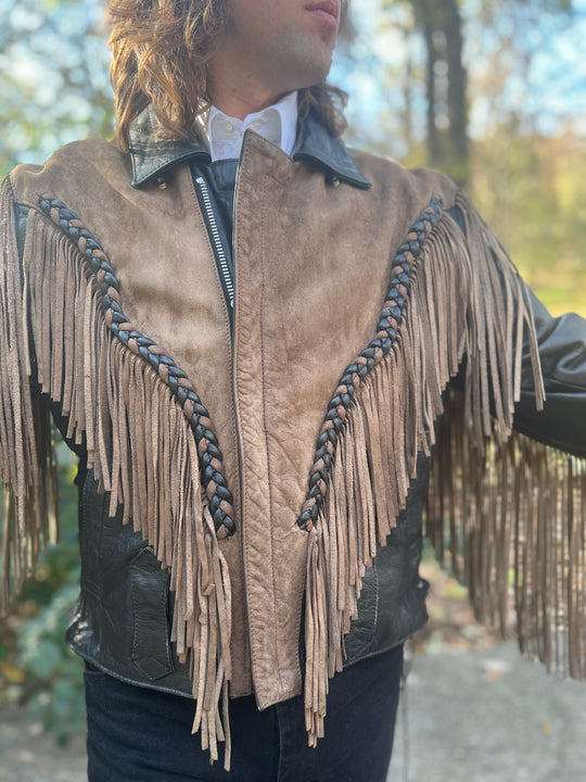 Mens Tan Black Southwestern Motorcycle Jacket, Beading, Fringe by Adler