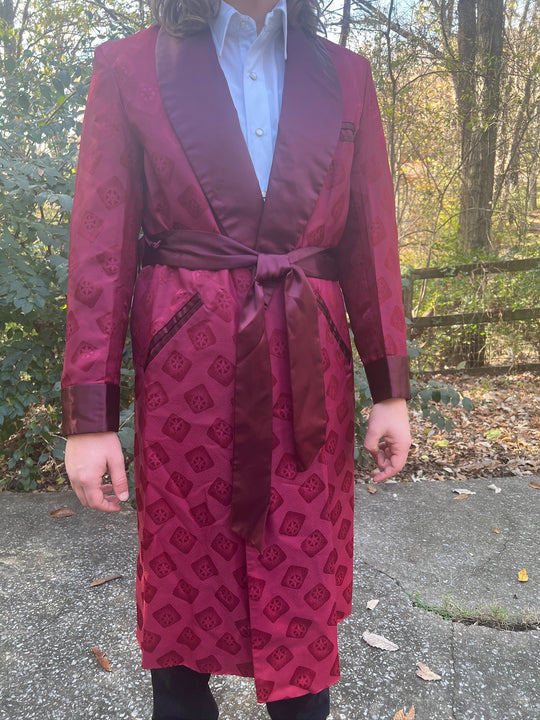 Men's Maroon Red Brocade Smoking Jacket Robe, Cain Sloan