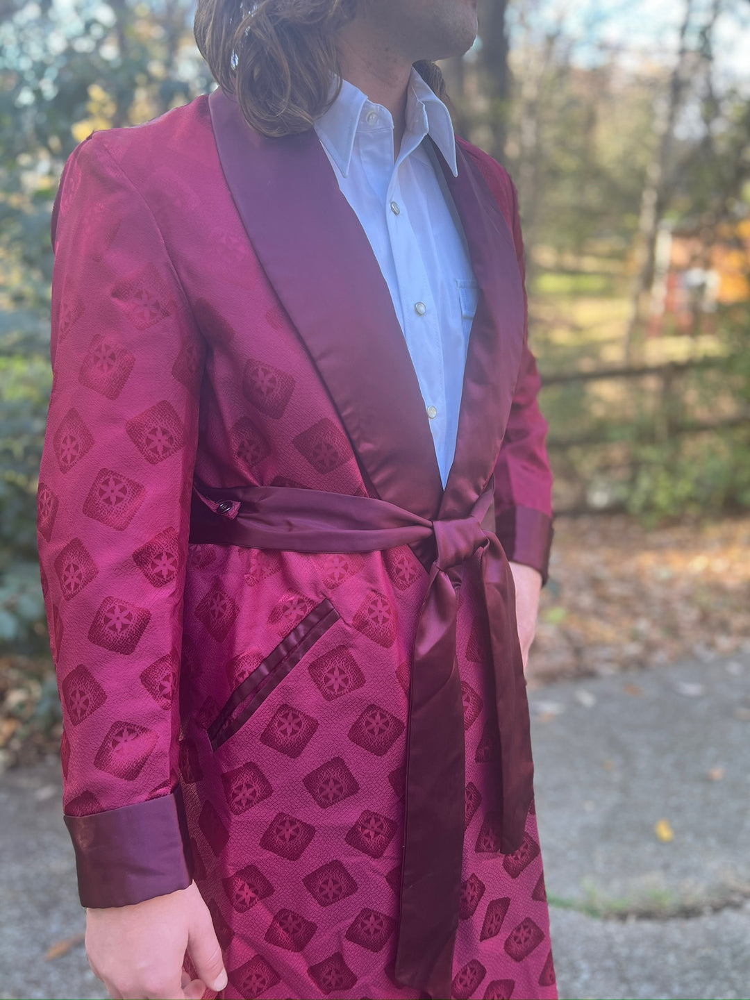 Men's Maroon Red Brocade Smoking Jacket Robe, Cain Sloan