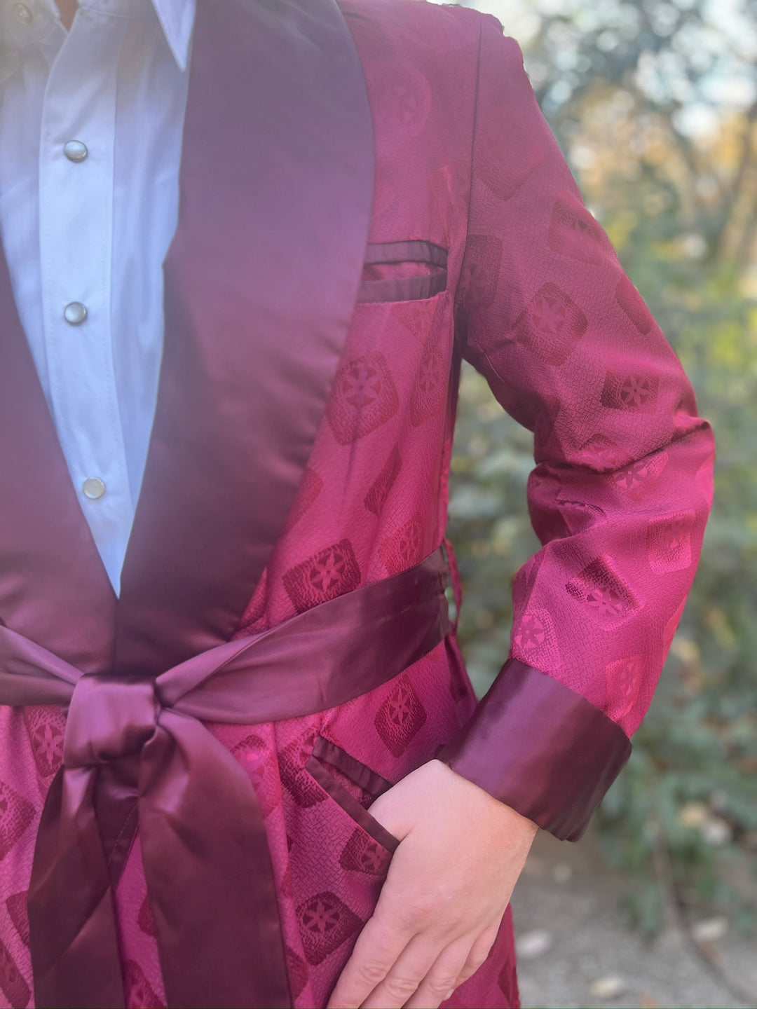 Men's Maroon Red Brocade Smoking Jacket Robe, Cain Sloan