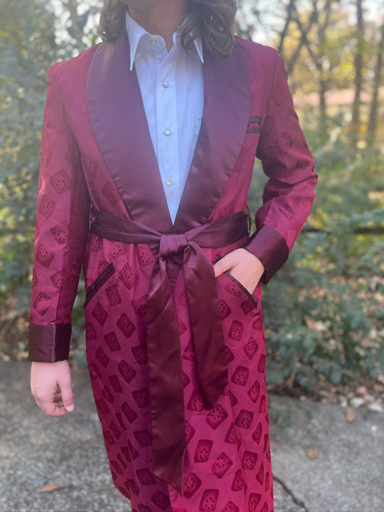 Men's Maroon Red Brocade Smoking Jacket Robe, Cain Sloan