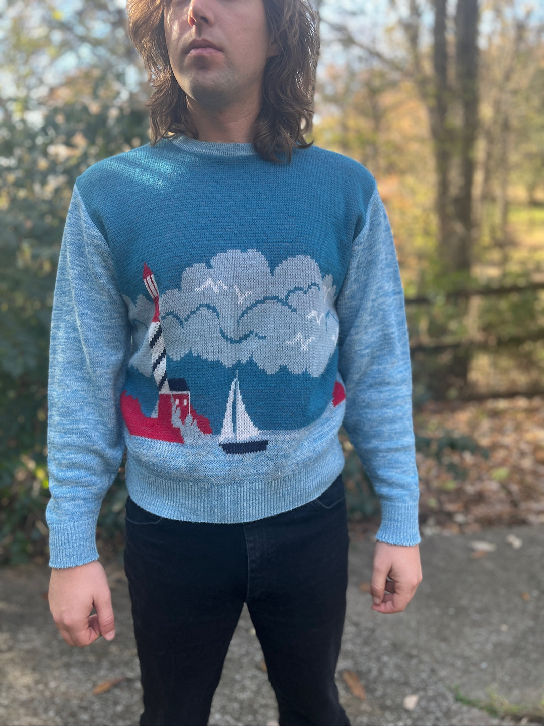 Mens 70s Blue Novelty Sweater with Lighthouse, Vintage Target Label