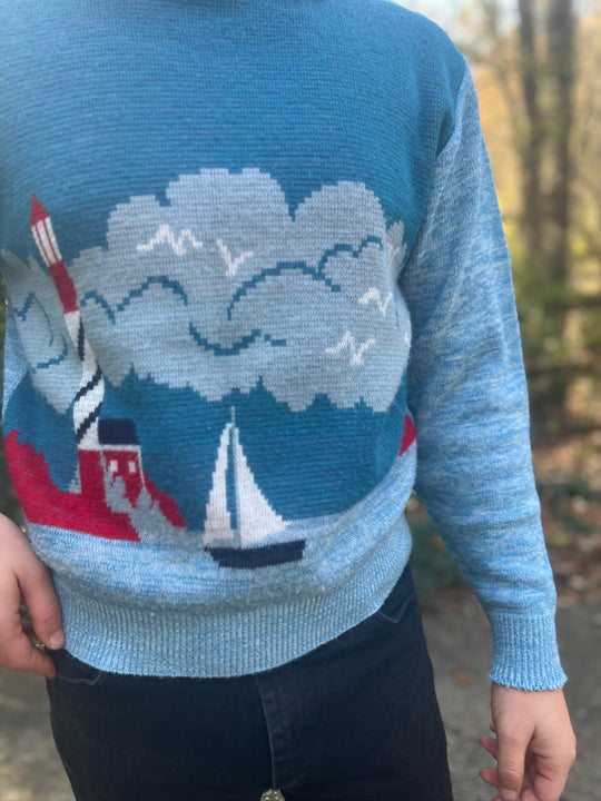 Mens 70s Blue Novelty Sweater with Lighthouse, Vintage Target Label