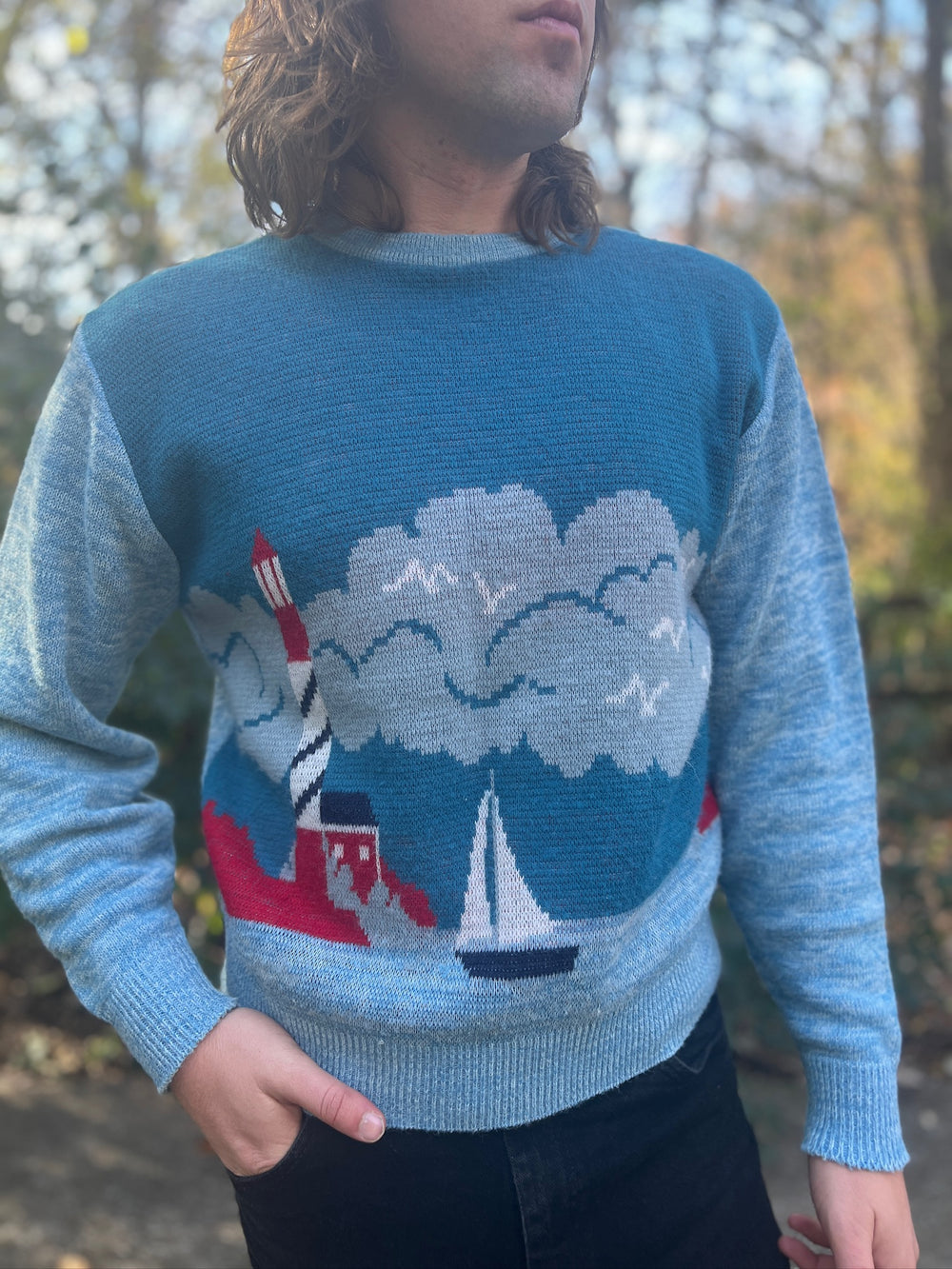 Mens 70s Blue Novelty Sweater with Lighthouse, Vintage Target Label