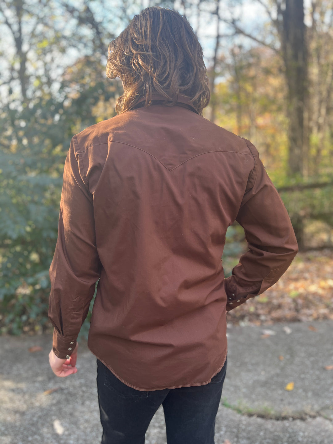 Mens 70s Brown Western Shirt, Wagon Wheel Embroidery