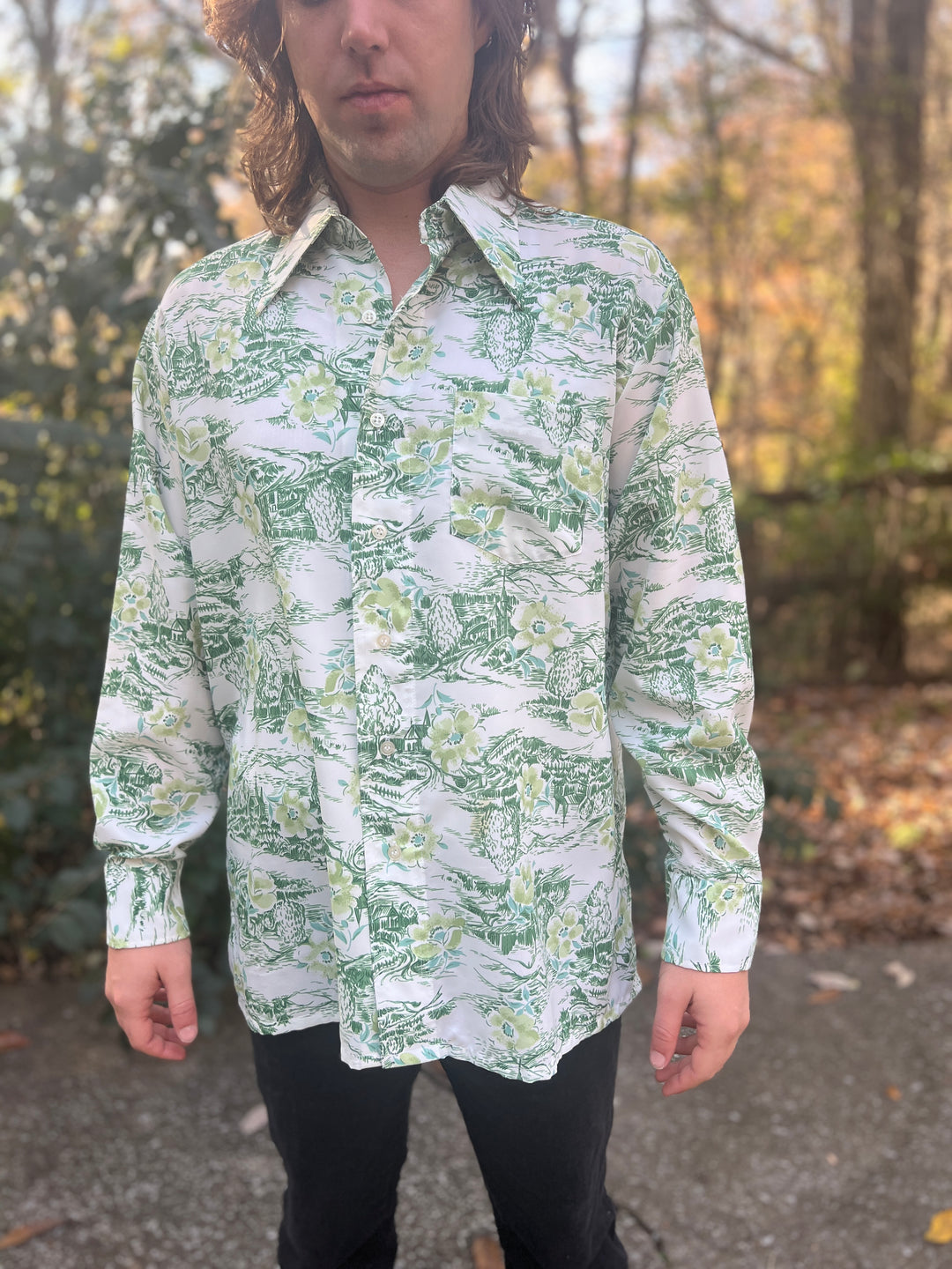 Men's 70s White Green Disco Shirt, Church Scene, Narratif's