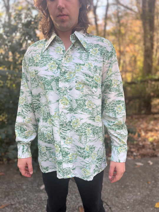 Men's 70s White Green Disco Shirt, Church Scene, Narratif's