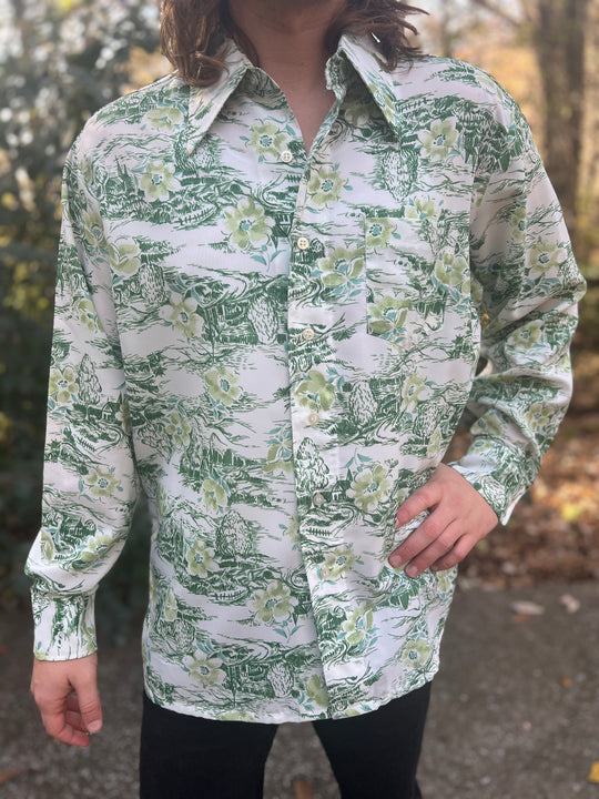 Men's 70s White Green Disco Shirt, Church Scene, Narratif's