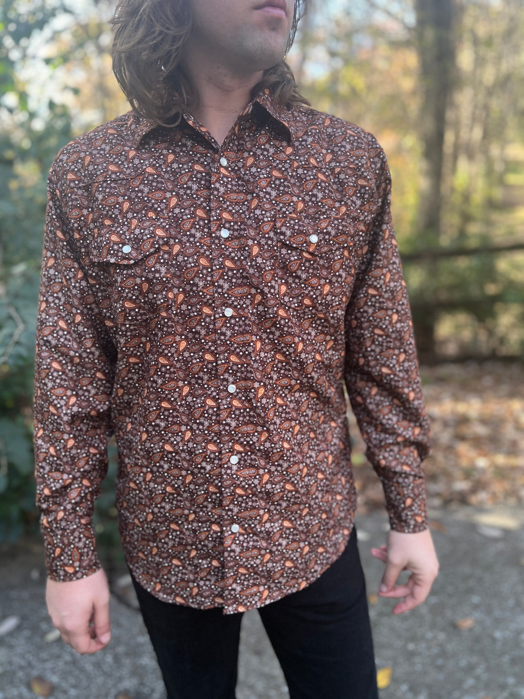 Men's 70s Brown Paisley Western Shirt, Liquid West