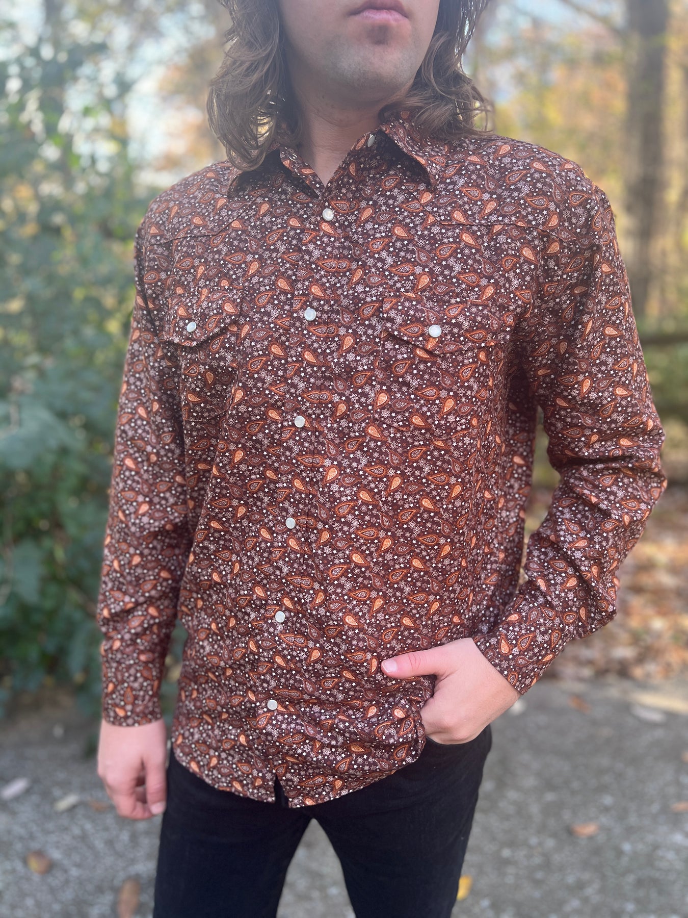 Men's 70s Brown Paisley Western Shirt, Liquid West The Hip Zipper Nashville Men's 70s Brown Paisley Western Shirt, Liquid West The Hip Zipper Nashville