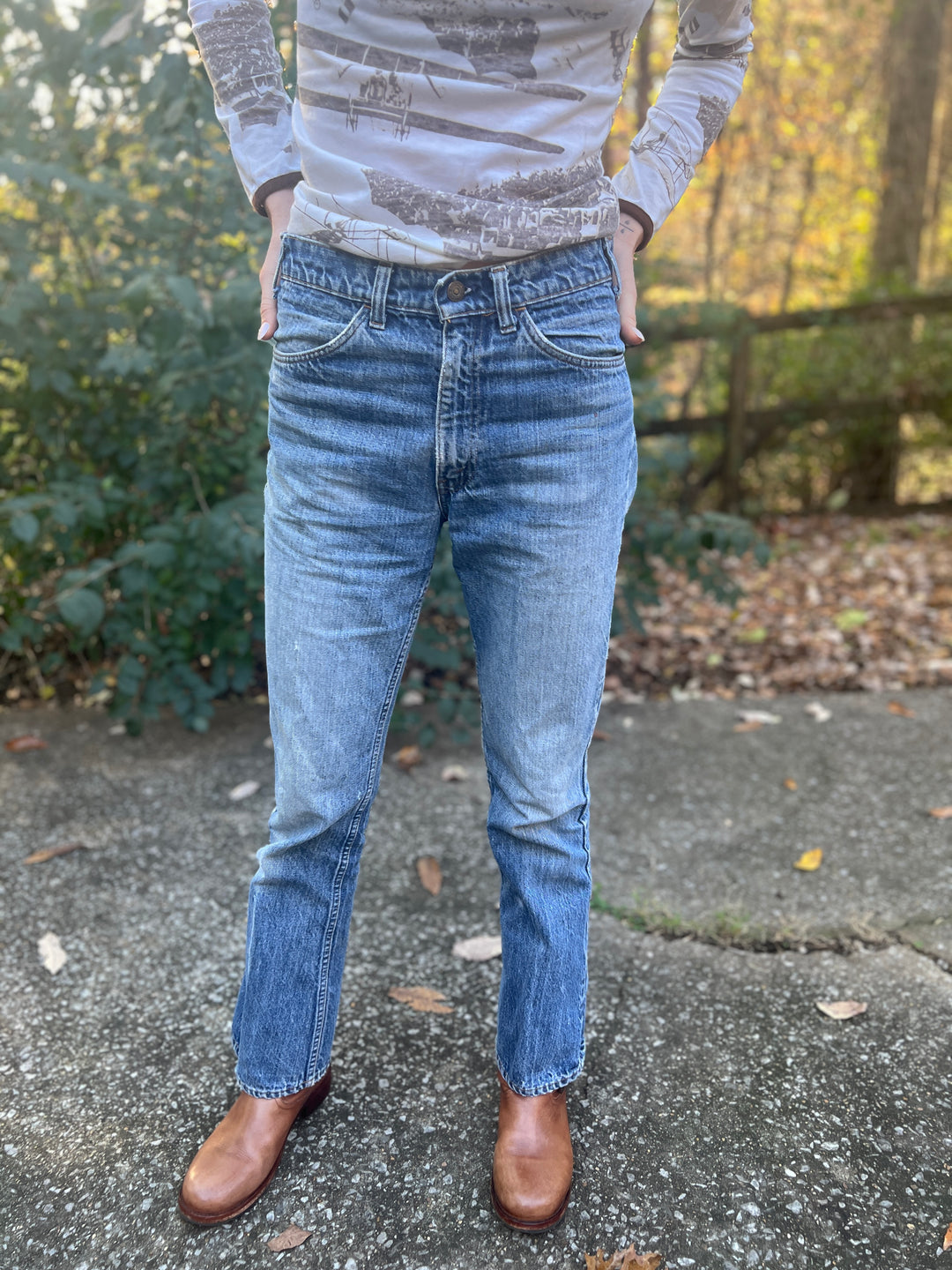 Vintage Medium Wash Thrashed Bell Bottom Denim Jeans, Levis