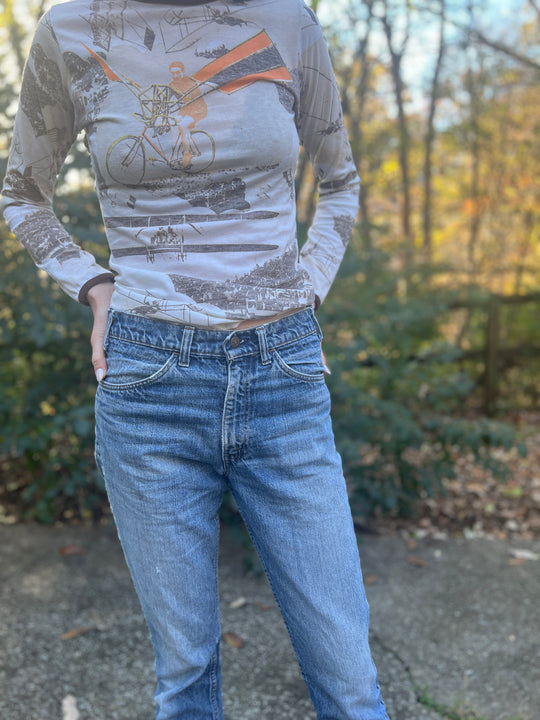 Vintage Medium Wash Thrashed Bell Bottom Denim Jeans, Levis