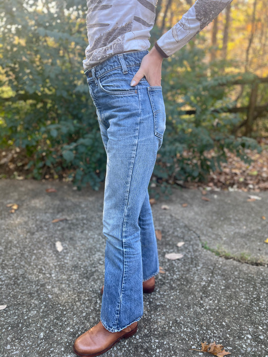 Vintage Medium Wash Thrashed Bell Bottom Denim Jeans, Levis