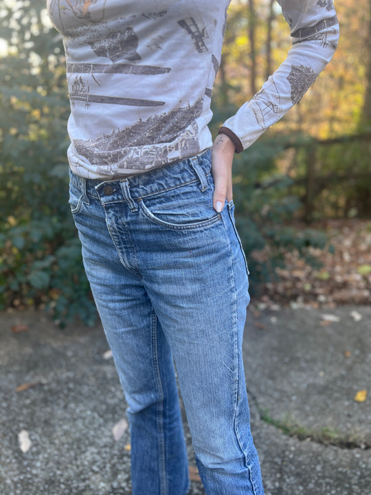 Vintage Medium Wash Thrashed Bell Bottom Denim Jeans, Levis