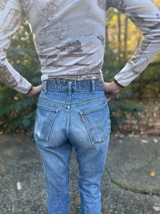 Vintage Medium Wash Thrashed Bell Bottom Denim Jeans, Levis