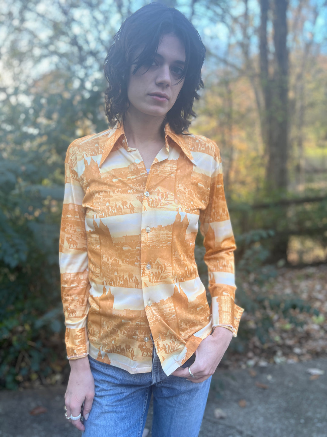 70s Gold Nylon Photo Fabric Disco Shirt, Sensuous Man