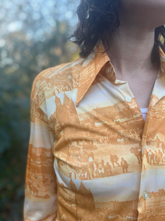 70s Gold Nylon Photo Fabric Disco Shirt, Sensuous Man