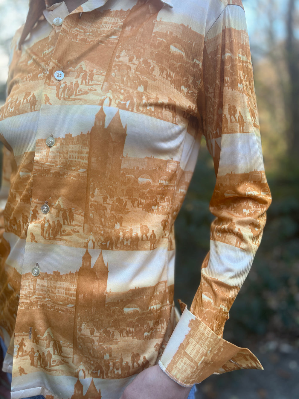 70s Gold Nylon Photo Fabric Disco Shirt, Sensuous Man