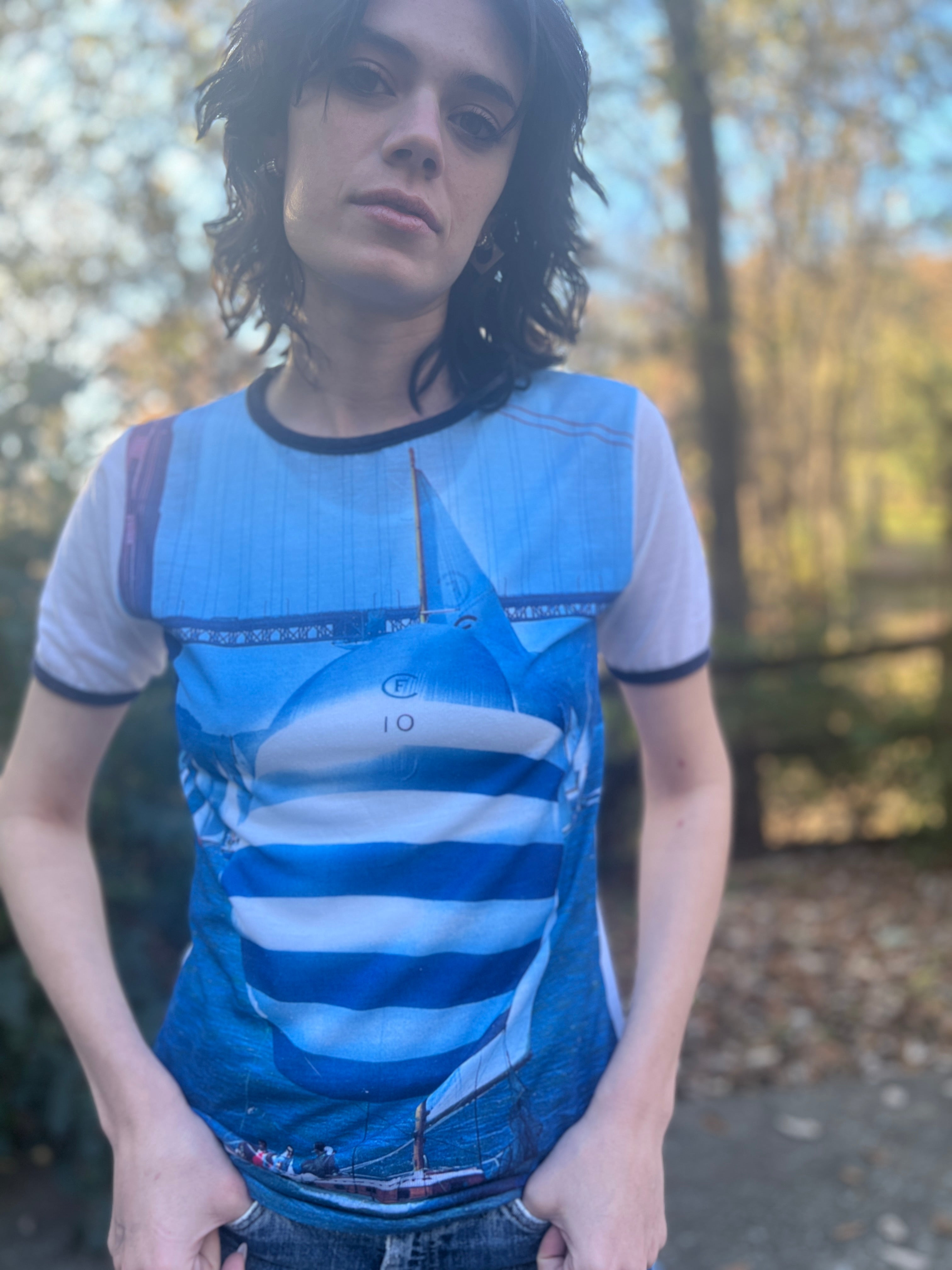 70s Blue Photo Fabric Knit Shirt, Sailboat, Esprit by Campus – The