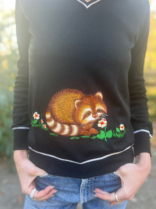 70s Vintage Black Novelty Sweater Raccoon, Adee