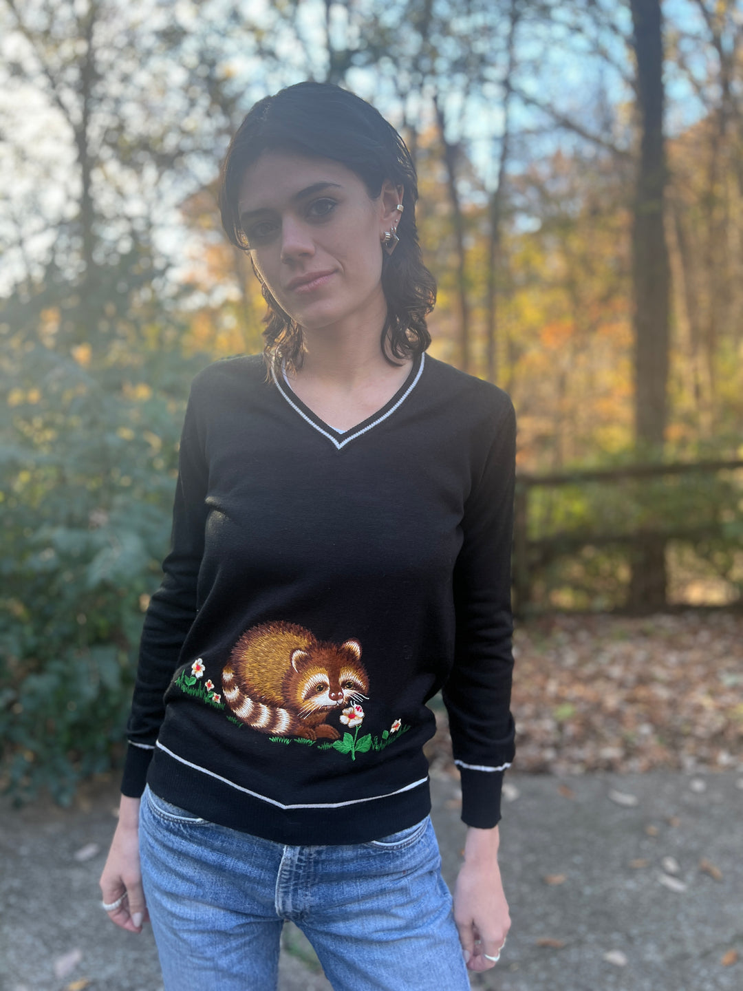 70s Vintage Black Novelty Sweater Raccoon, Adee