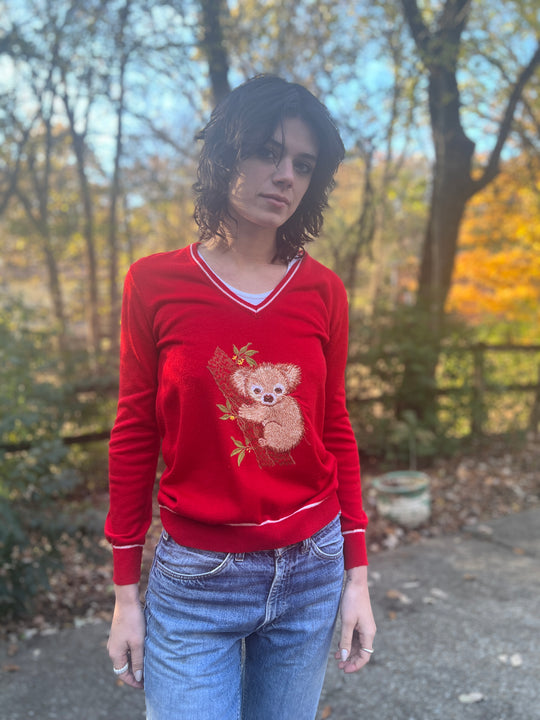 70s Red Novelty Sweater, Koala, Adee