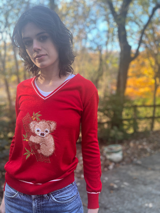 70s Red Novelty Sweater, Koala, Adee