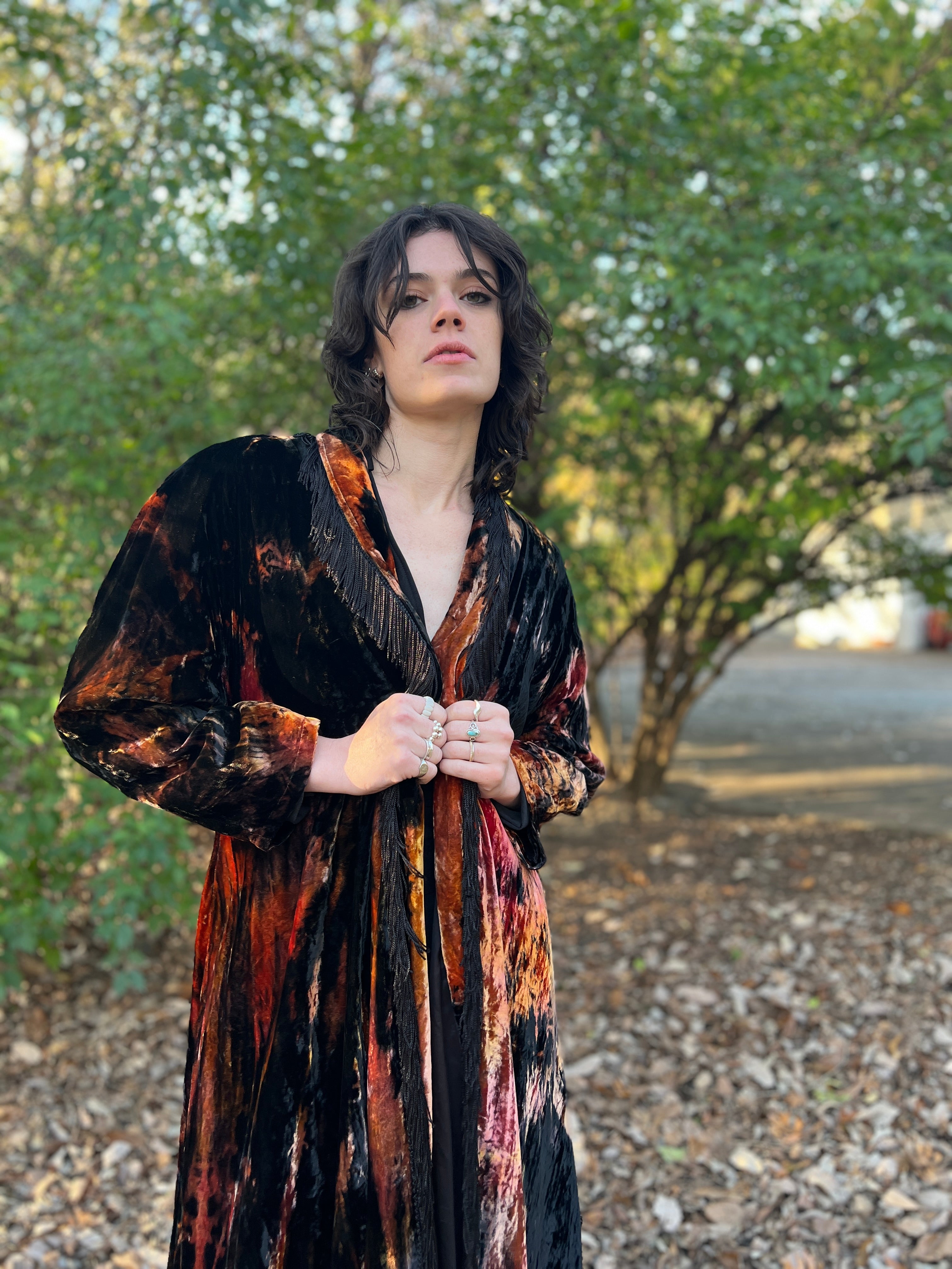 ジャケット・アウター 80s-90s Archive KRIZIA rayon velour coat 90s Women's Vintage Black Crushed Velvet Coat, Fringe, Zuzka For