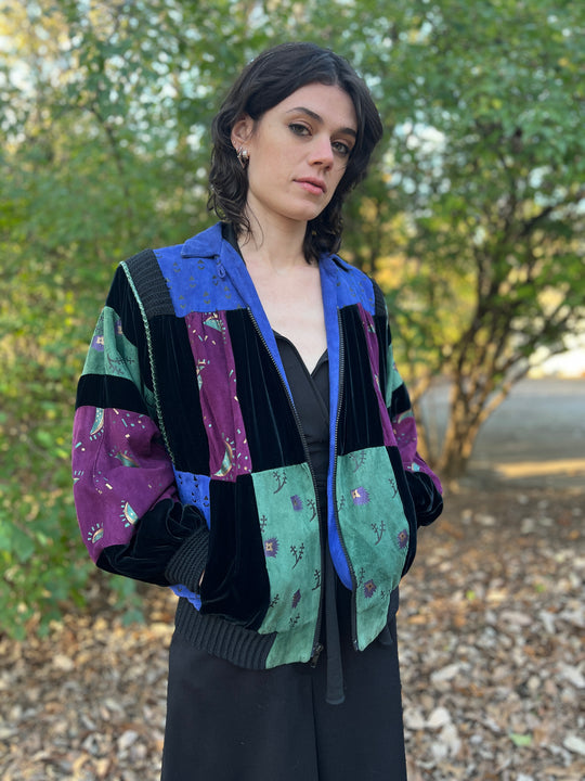 90s Vintage Green Purple Suede Zip Front Jacket