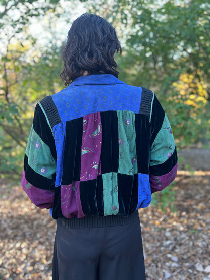 Back view on the model showing the blue suede yoke and patchwork panels
